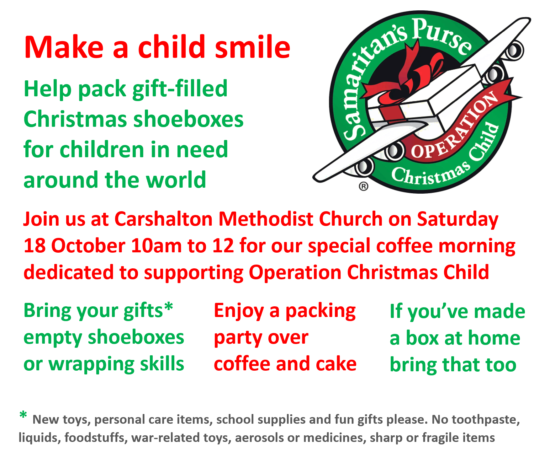 Poster of details for coffee morning supporting Operation Christmas Child