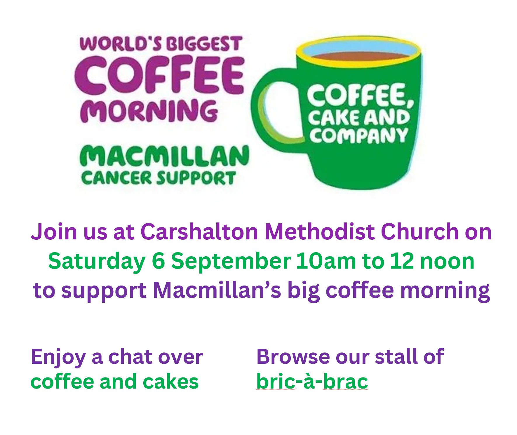poster advertising macmillan coffee morning at Carshalton Methodist on 6 September 10am to 12 noon